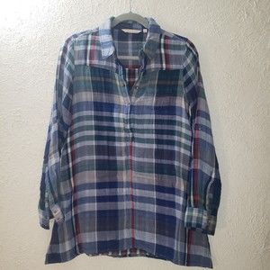 Soft Surroundings XS Oversized Plaid Blouse Henley Button Top 100% Cotton Shirt